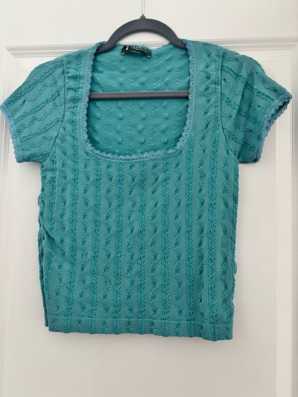 Textured Teal Short-Sleeve Square-Neck Top